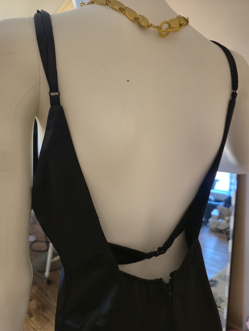 Black Satin Mini Slip Dress with Delicate Straps - Picture 3 of 5
